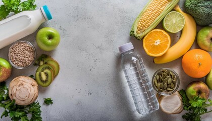 Healthy food background with copy space; top view; flat lay
