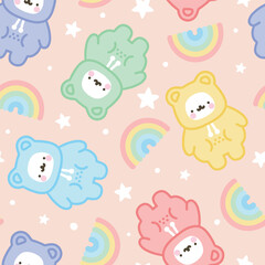 Cute hand drawn polar bear with kawaii stars and rainbow and dots pink background in a colorful adorable blue, violet, pink , green, red, yellow warm pajama or hoodie, bedding desigh seamless pattern