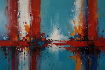 Blue and Red Abstract Palette Knife Painting Textured Vertical Portrait