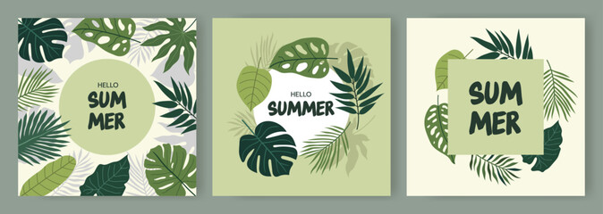 Set of summer postcards with tropical leaves
