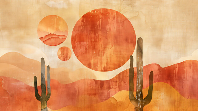 Watercolor painting featuring a desert scene with cactus trees under a clear sky, background