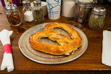 Stuffed soft pretzel on a tray