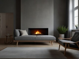 Gray daybed sofa beside a fireplace. Rustic Scandinavian-style interior design in a modern living room.