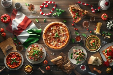 Republic Day Celebration in Italy with Waving Flag and Traditional Cuisine on Wooden Background