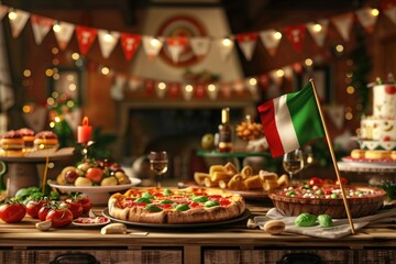 Naklejka premium Republic Day Celebration in Italy with Waving Flag and Traditional Cuisine on Wooden Background
