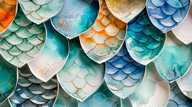 Detailed view of a plate covered in fish scales, creating a unique pattern, background