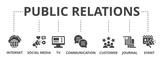 Public relations concept icon illustration contain internet, social media, tv, communication, customer, journal and event.
