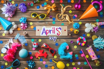 Obraz premium April Fools' Day Celebration with Prankster's Toolkit and Festive Decorations on Wooden Background