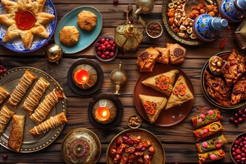 Eid al-Fitr celebration display with traditional sweets, lanterns, prayer mats, and dates on wooden background