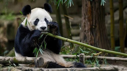 Fototapeta premium Adorable Giant Panda Eating Bamboo in a Serene Forest