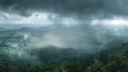 dark clouds obscuring the horizon, with rain pouring down in sheets and creating a misty veil over the landscape below