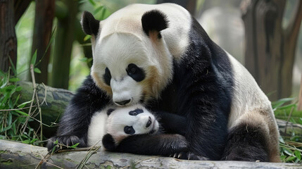 Obraz premium Playful Panda Family Moment Mother Panda Tickling Her Cub's Belly