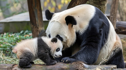 Obraz premium Adorable Panda Mother Hugs and Plays with Her Cub