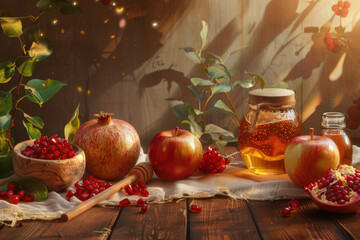 Rosh Hashanah Celebration Scene with Apples, Honey, Shofars, and Pomegranates on a Wooden Background