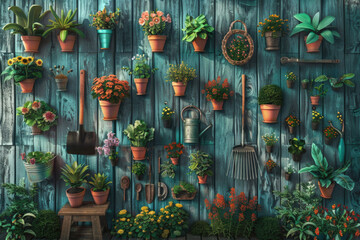 Gardening Scene with Tools, Vibrant Flowers, and Fresh Vegetables on a Wooden Background