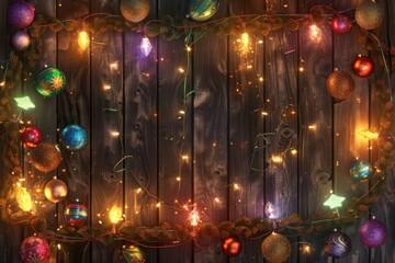 Festive New Year's Garlands on Wooden Background, Colorful Lights and Decorative Ornaments
