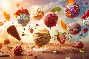 Levitating Ice Cream Scoops Adorned with Sprinkles, Chocolate, and Fruit Against Warm Cherry Wood Backdrop