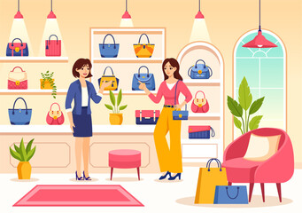Handbag Store Vector Illustration with Collection of Various Quality Bags and Different Types of Lifestyle in Flat Cartoon Background Design