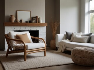 Rattan lounge chair, wicker pouf, and white sofa beside the fireplace. Modern living room with a Scandinavian, hygge-themed interior design.