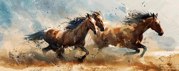 Illustrate a breathtaking scene of running horses, achieving a painterly effect through digital techniques that mimic the richness of oil paint, showcasing their dynamic movement and spirited energy