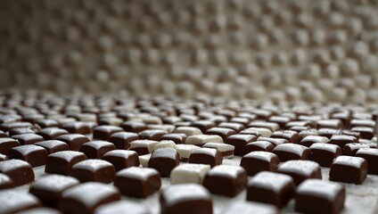 Fototapeta premium A sea of solid white, a single chocolate beckons, its richness contrasting against the purity surrounding it ai_generated