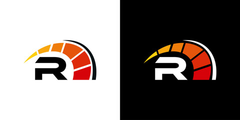 Letter R racing logo, with logo speedometer for racing, workshop, automotive