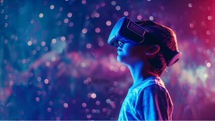 Kid wearing VR connected to metaverse. Innovative boy wearing VR headset playing online.. with high resolution photography, copy space for text banner background