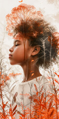 7 year old afro american girl in a white shirt, with abstract studio, expressive background color. Frizzy hair, overlapping floral elements. Theme of Childhood innocence, identity, light