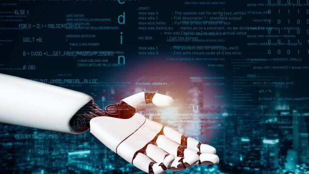 MLP Futuristic robot artificial intelligence revolutionary AI technology development and machine learning concept. Global robotic bionic science research for future of human life. 3D rendering graphic