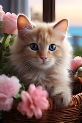 Graceful Feline Amid Blossoms: Cream Cat Portrait in Indoor Garden" - A serene spring kitten & fluffy cat adorned with pastel flowers, serene and dignified amidst blooming beauty