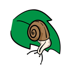 Snail crawling down on a green leaf in hand-drawn style, concept about a rainy season. Isolated vector illustration for print, digital and more design