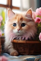 A fluffy beige kitten is sitting in a wicker basket with pink roses. A majestic cat  surrounded by soft pink blossoms that complement its fluffy fur and gentle demeanor