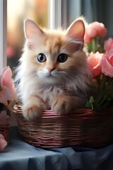 A fluffy beige kitten is sitting in a wicker basket with pink roses. A majestic cat  surrounded by soft pink blossoms that complement its fluffy fur and gentle demeanor