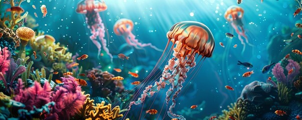 Craft a visually stunning scene of a jellyfish stand-up comedian cracking jokes under the sea, surrounded by amused sea creatures and an illuminated ocean backdrop, combining photorealistic elements