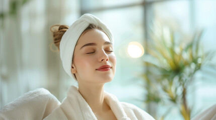 A gorgeous young woman in a white bathrobe and towel on her head relaxes with a serene expression, bathed in soft sunlight.