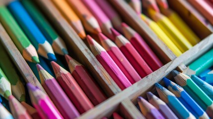 Box with many colored pencils generative ai