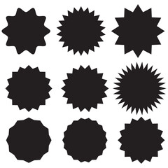 Sticker starburst shape, badge star, sale round vector icon, price circle, sun label, black tag isolated on white background. EPS 10.