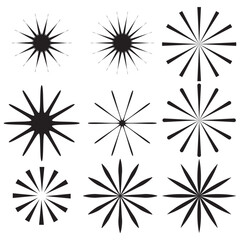 Radial sun burst. Black-white round sunburst icons. Starburst circles. Abstract stripes with center. Sunburst elements isolated on white background. Circular stars. Vector. EPS 10.