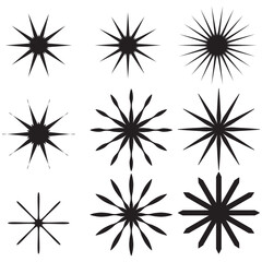 Radial sun burst. Black-white round sunburst icons. Starburst circles. Abstract stripes with center. Sunburst elements isolated on white background. Circular stars. Vector. EPS 10.