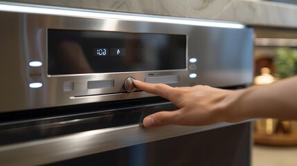 Hand setting the microwave to defrost mode, captured in high detail on a modern kitchen appliance, emphasizing user-friendliness