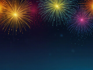Naklejka premium Colorful vibrant glittering fireworks Background with glow smoke and confetti banner ai generative