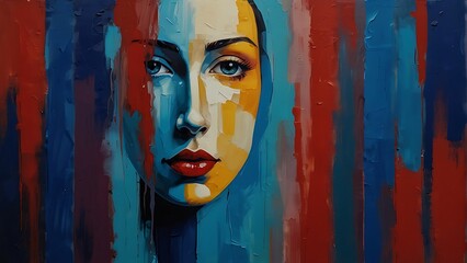 colorful wooden background Dynamic Abstract Palette Knife Painting Blue and Red Textured Portrait