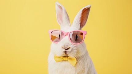 Charming bunny in pink sunglasses and a yellow bowtie posing on a sunny yellow backdrop.