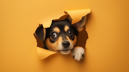 Cute dog peeks through the hole in the paper wall.