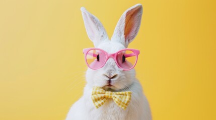 White rabbit with pink glasses and yellow bow tie on a yellow background.