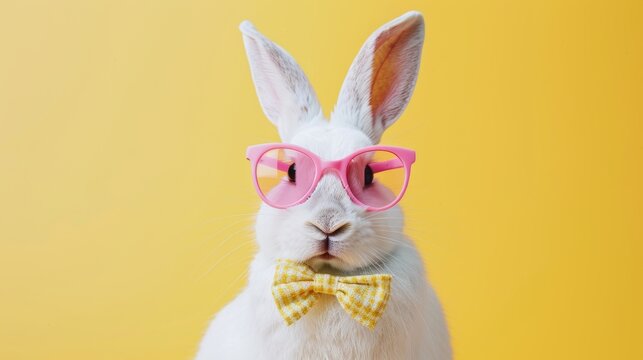 White rabbit with pink glasses and yellow bow tie on a yellow background.