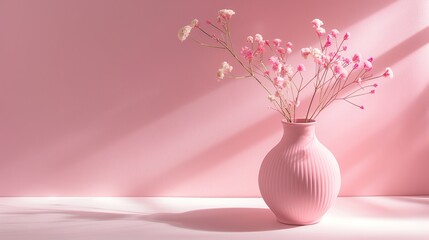 Pink vase with gypsophila flowers on pink background