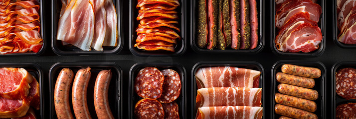 a closeup of meat products in black plastic packaging boxes, generative AI
