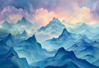 Watercolor mountain background. Landscape with mou