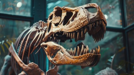 Dinosaur skeleton head on display in museum generative ai